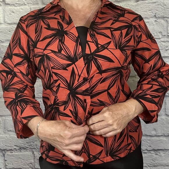 Silk Land Orange and Black Leaf Print Button-Up Shirt - Picture 1 of 8